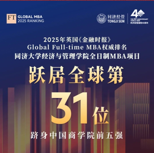 2025FT全球MBA百强揭晓，同济MBA跃升全球31，多项指标问鼎第一！